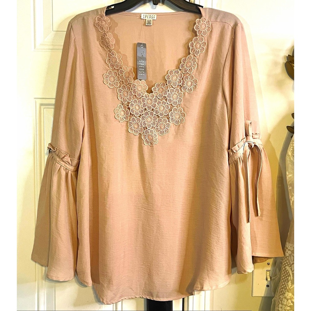 NWT Spense Cottagecore XL Dusty Pink Blouse Crochet Lace Bell Sleeve Boho Top